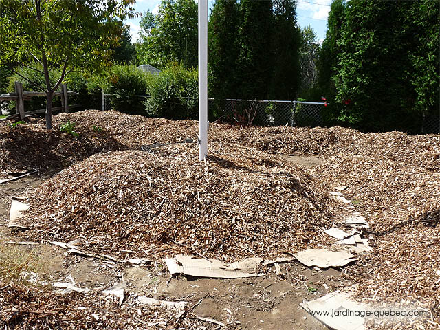 Cr�er un Jardin devant une r�sidence - Appliquer du paillis organique sur les cartons