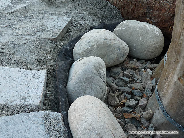 Pierres rondes décoratives autour du support pour borne électrique